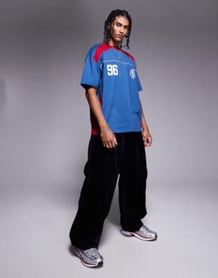 Asos Design Oversized T-shirt With Paneling And Athletic Graphic In Blue