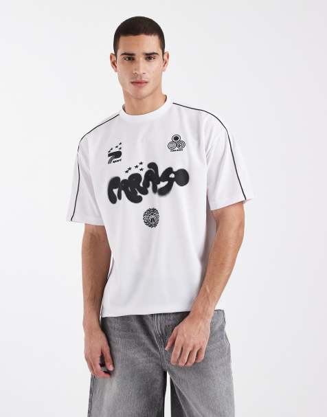 ASOS DESIGN oversized t-shirt with panelled shoulders and football graphic in black and white sporty fabric 