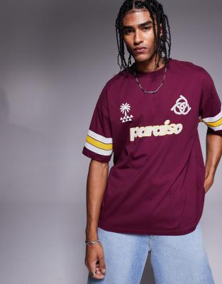 ASOS DESIGN oversized t-shirt with paneling and athletic graphic in burgundy