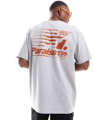 Asos Design Oversized T-shirt With Paraiso Back Print In Gray