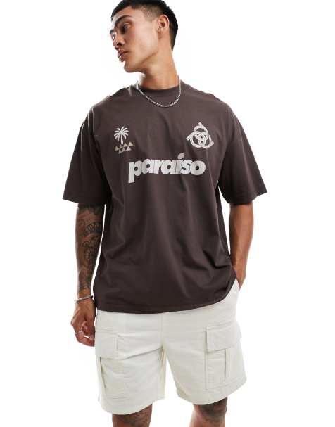 ASOS DESIGN oversized t-shirt with paraiso front print in brown - view 1