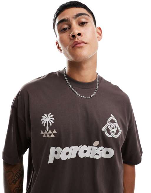 ASOS DESIGN oversized t-shirt with paraiso front print in brown