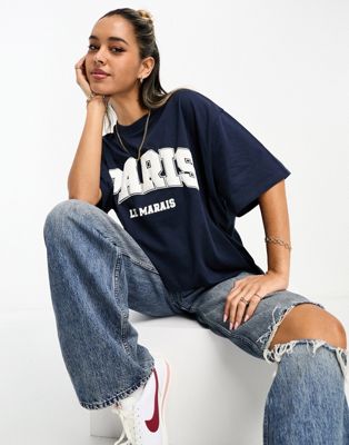 ASOS DESIGN oversized t-shirt with Paris puff print graphic in navy