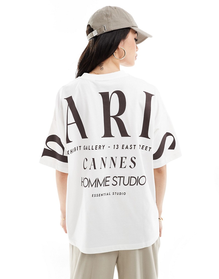 ASOS DESIGN oversized t-shirt with paris stacked back graphic in cream-White