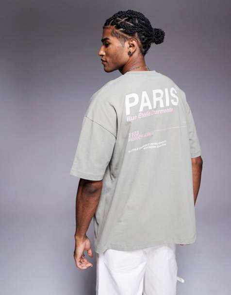 ASOS DESIGN oversized t-shirt with Paris text graphic in grey green - view 1