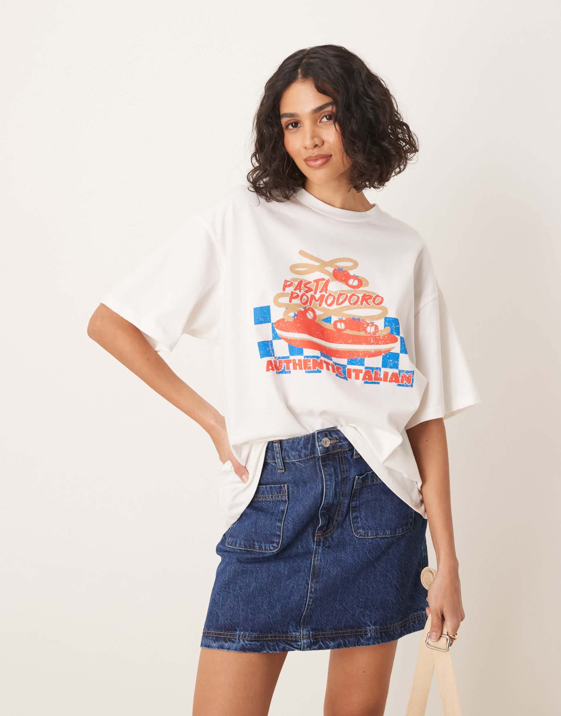 asos design oversized t-shirt with pasta food graphic in white
