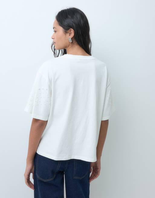 ASOS DESIGN oversized t-shirt with pearl embellishment in cream, 5 of 5