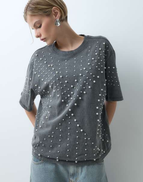 ASOS DESIGN oversized t-shirt with pearl embellishment in washed grey