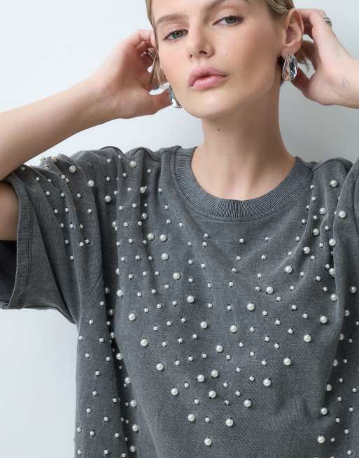 ASOS DESIGN oversized t-shirt with pearl embellishment in washed grey, 2 of 5