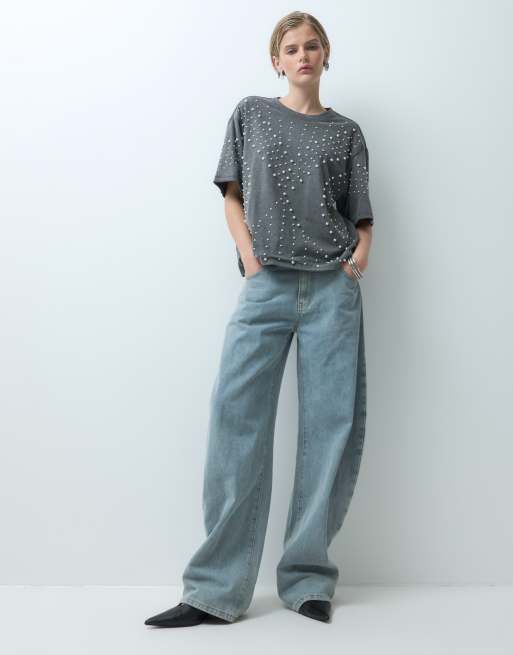 ASOS DESIGN oversized t-shirt with pearl embellishment in washed grey, 3 of 5