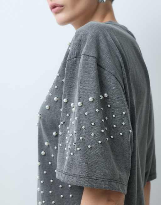 ASOS DESIGN oversized t-shirt with pearl embellishment in washed grey, 4 of 5