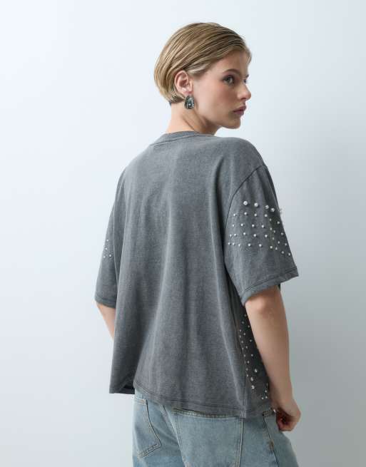 ASOS DESIGN oversized t-shirt with pearl embellishment in washed grey, 5 of 5