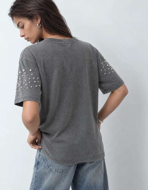 ASOS DESIGN oversized t-shirt with pearl embellishment in washed grey, 6 of 9