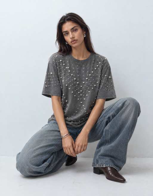 ASOS DESIGN oversized t-shirt with pearl embellishment in washed grey, 8 of 9