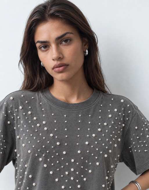 ASOS DESIGN oversized t-shirt with pearl embellishment in washed grey, 9 of 9