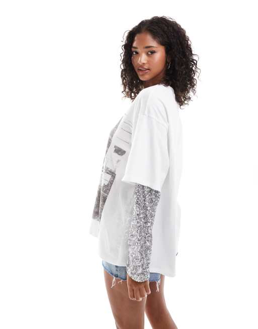ASOS DESIGN oversized t-shirt with photographic print and sequin sleeves in white, 3 of 4