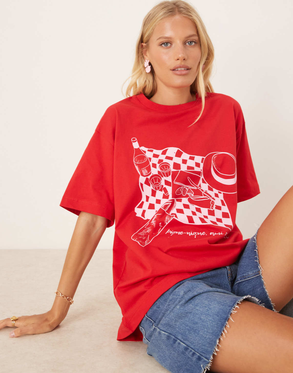 ASOS DESIGN oversized t-shirt with picnic design in red