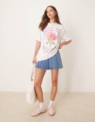 Asos Design Oversized T-shirt With Pink Flower Graphic In White