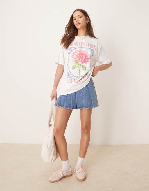 ASOS DESIGN oversized T-shirt with pink flower graphic in coconut milk