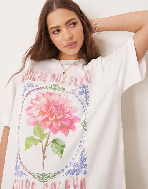 ASOS DESIGN oversized T-shirt with pink flower graphic in coconut milk