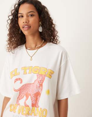 Asos Design Oversized T-shirt With Pink Tiger Graphic In White
