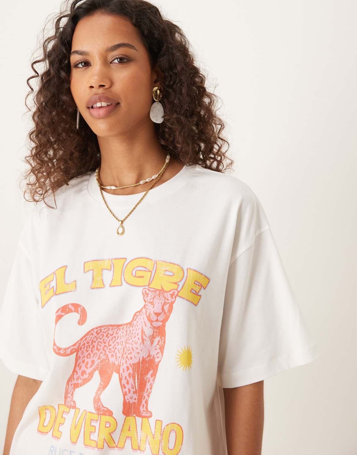 ASOS DESIGN oversized t-shirt with pink tiger graphic in cream