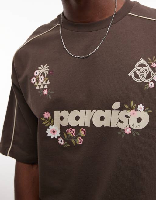ASOS DESIGN oversized T-shirt with piping and soccer graphic in brown, 3 of 5