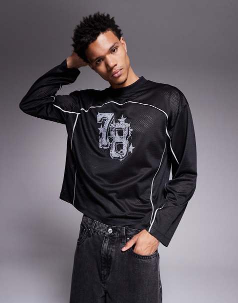 ASOS DESIGN oversized t-shirt with piping detail and number graphic in black airtex - view 1