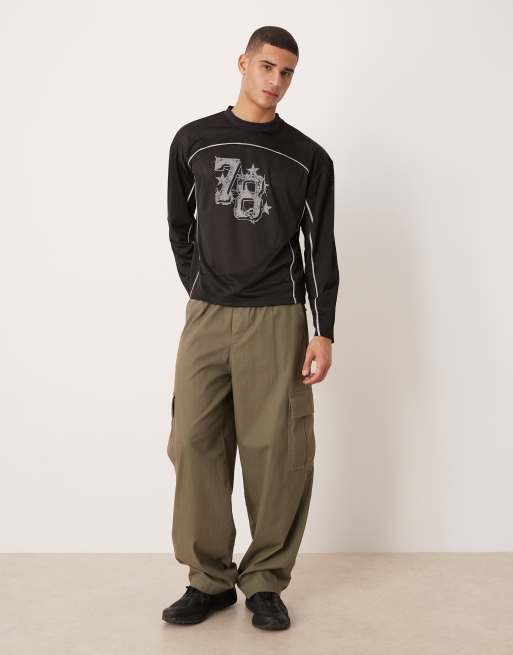 ASOS DESIGN oversized t-shirt with piping detail and number graphic in black airtex , 2 of 5