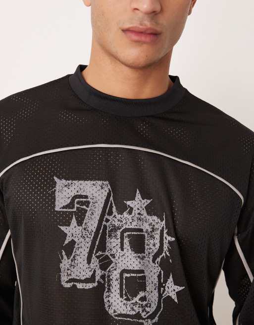 ASOS DESIGN oversized t-shirt with piping detail and number graphic in black airtex , 5 of 5