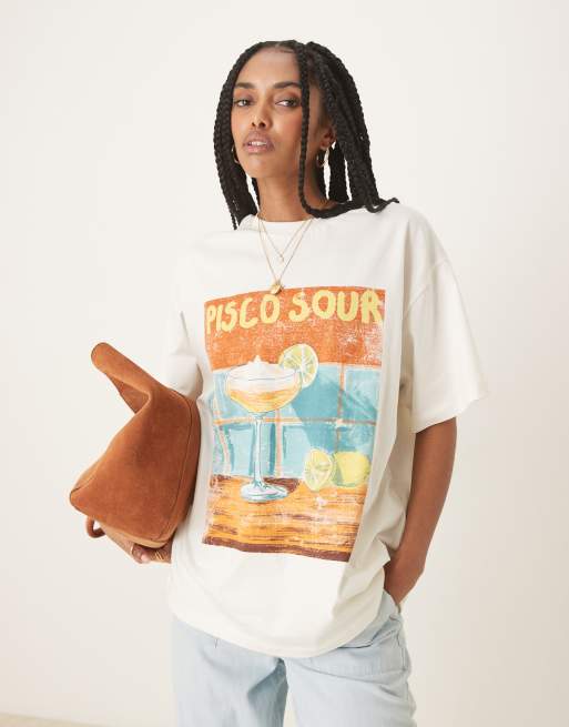 ASOS DESIGN oversized T-shirt with pisco sour cocktail graphic in coconut milk, 2 of 4