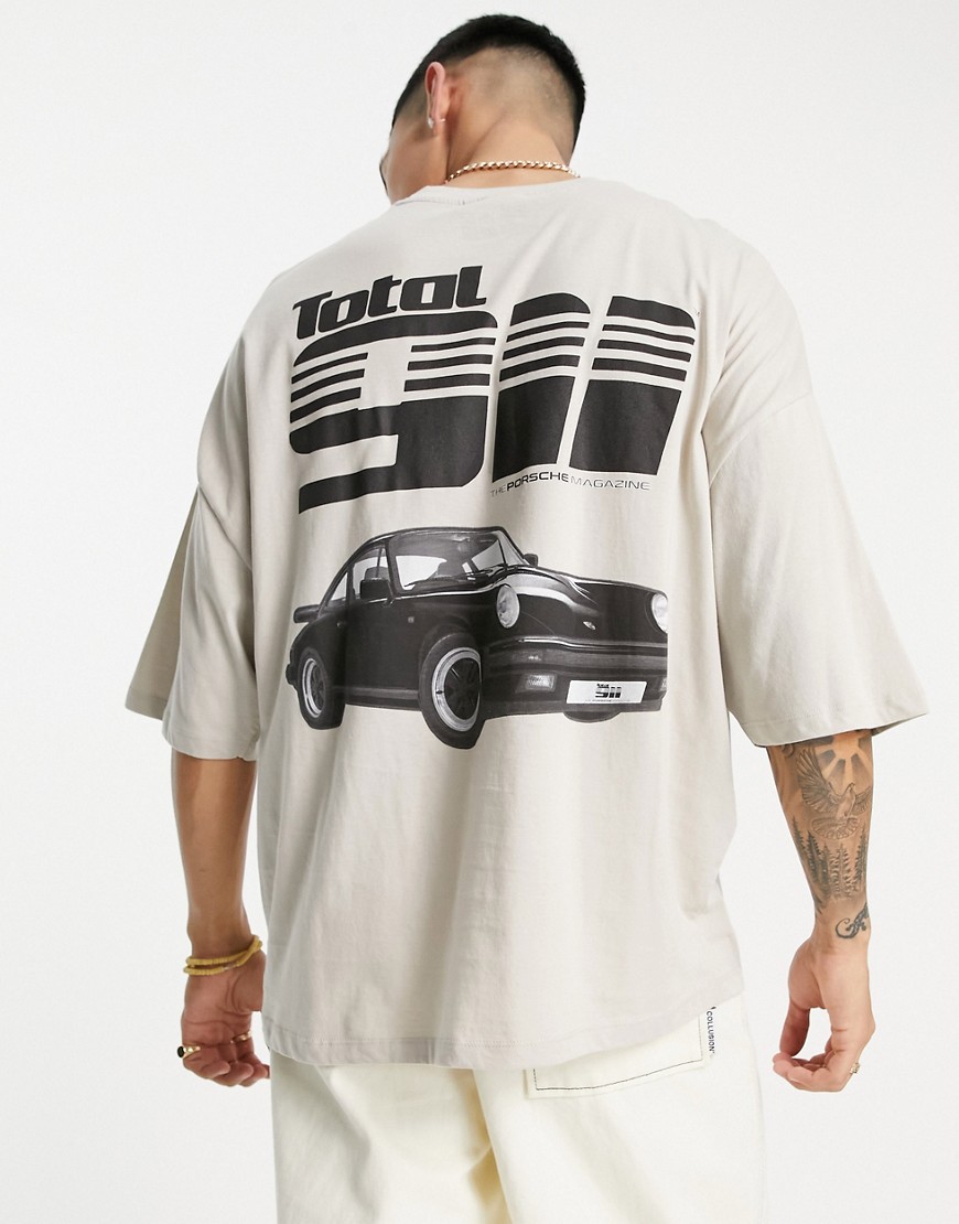 ASOS DESIGN oversized t-shirt with Porsche 911 print in stone-Neutral