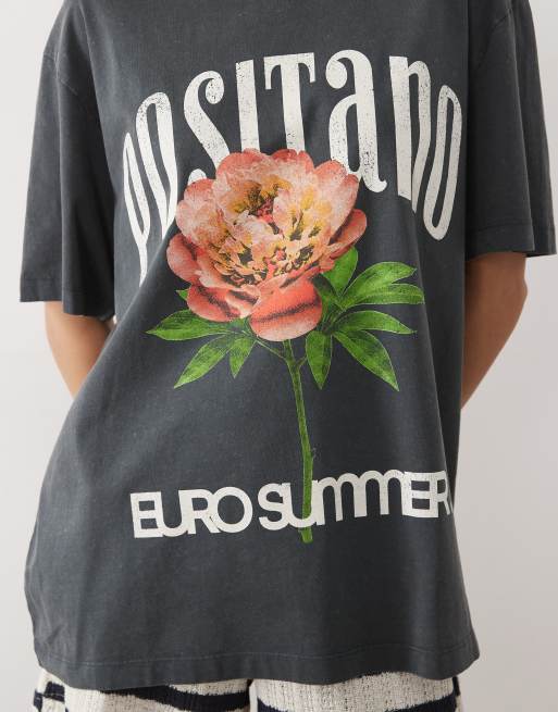 ASOS DESIGN Oversized T-shirt with Positano flower graphic in washed charcoal, 4 of 4