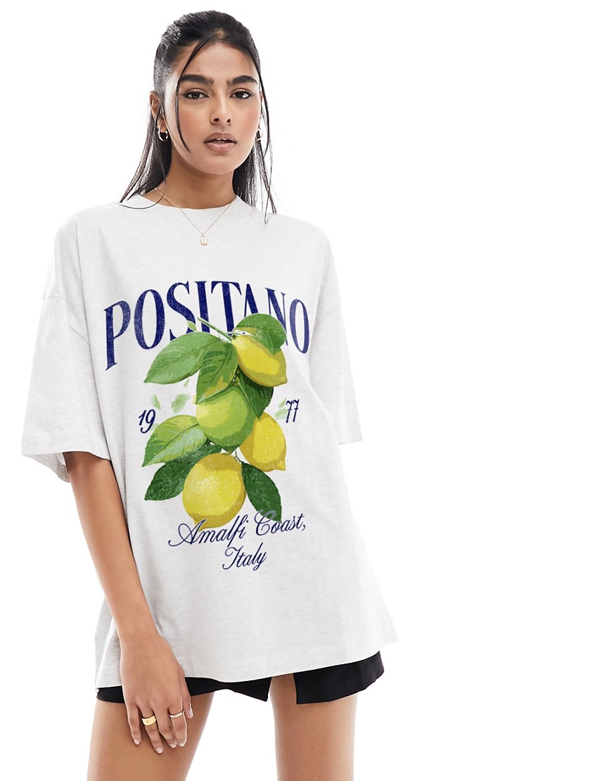 Asos Design Oversized T-shirt With Positano Italy Lemons Graphic In Ice Heather-gray