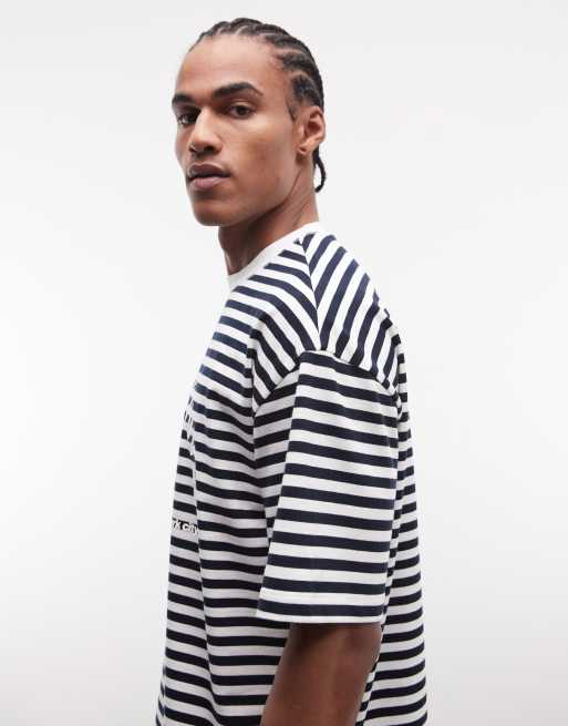ASOS DESIGN oversized t-shirt with puff print text in navy stripes, 4 of 5