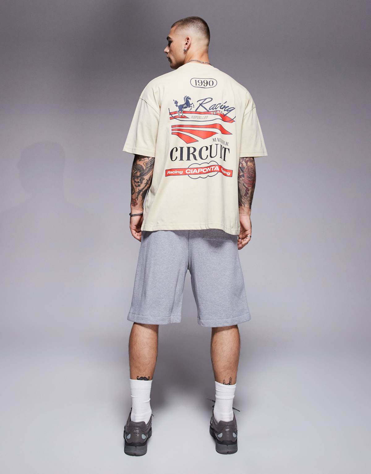 ASOS DESIGN oversized t-shirt with racing graphic in beige