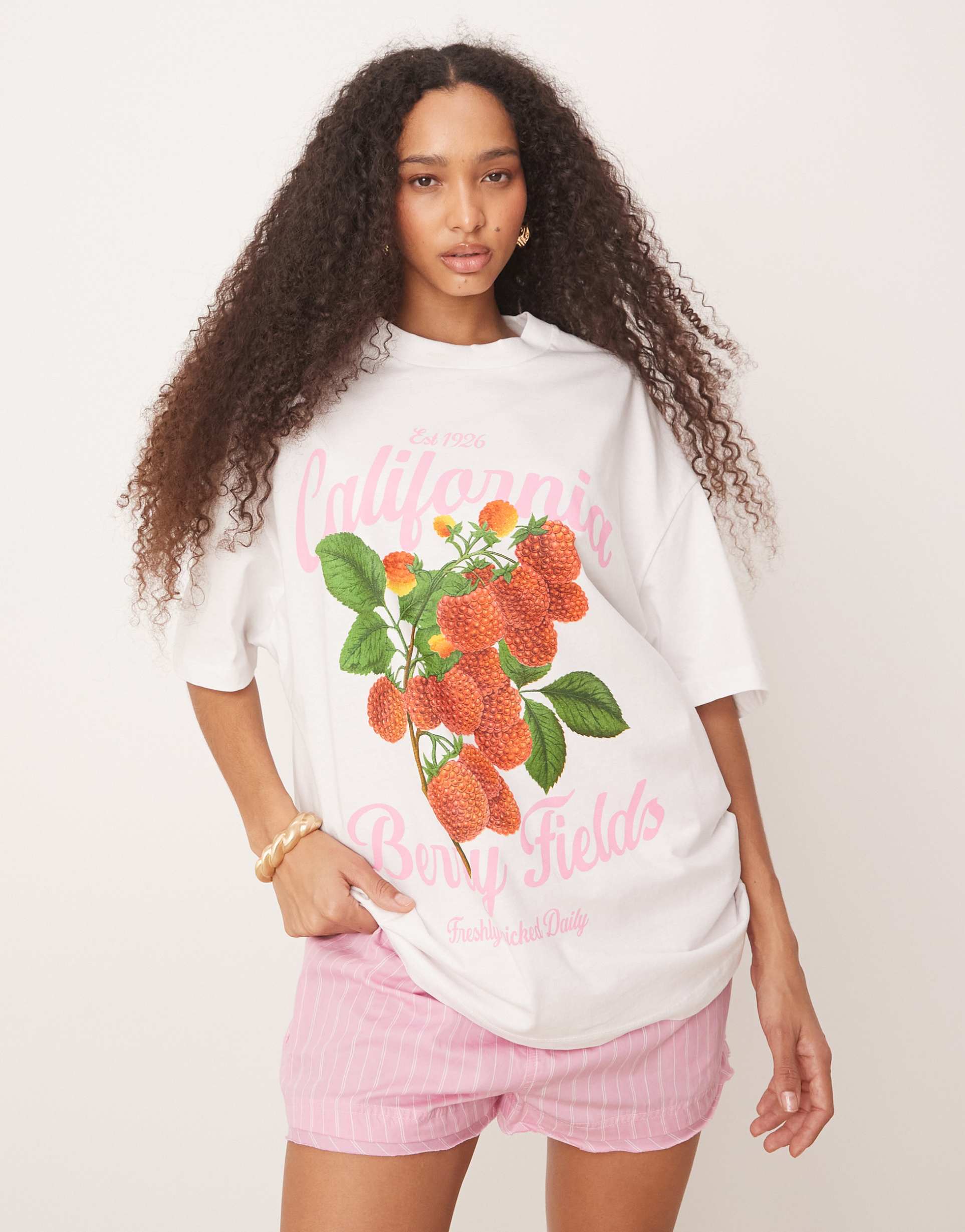 asos design oversized t-shirt with raspberry fruit graphic in white