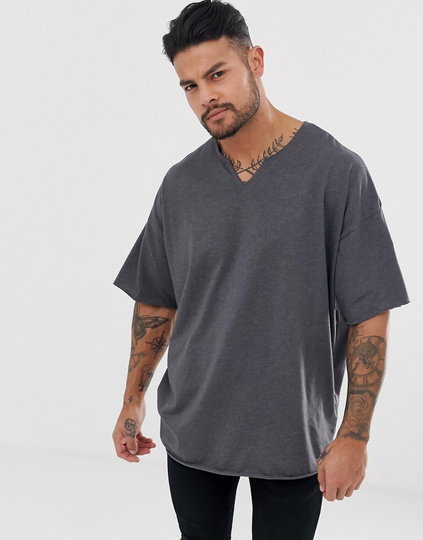 ASOS DESIGN oversized t-shirt with raw notch neck in charcoal marl-Grey