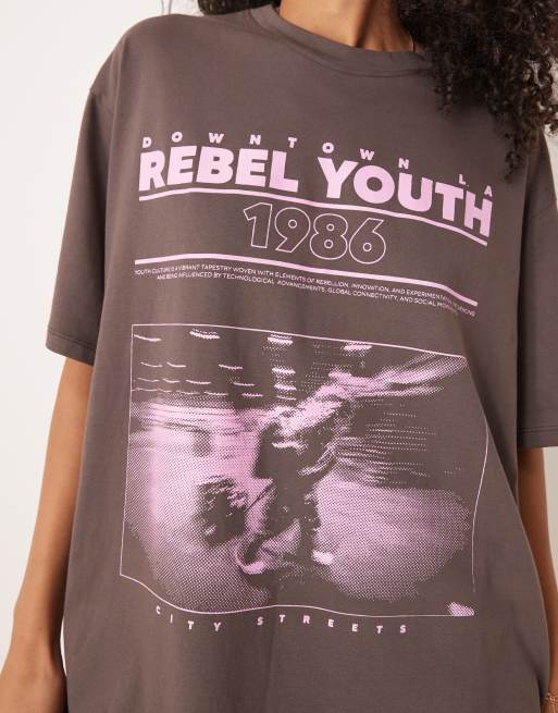 ASOS DESIGN oversized T-shirt with rebel graphic in chocolate