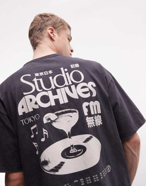 ASOS DESIGN oversized T-shirt with record graphic in black wash - view 1