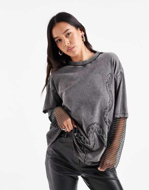 ASOS DESIGN oversized t-shirt with rhinestone sleeves and snake graphic in washed charcoal - view 1