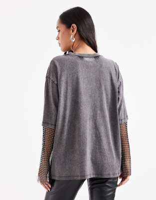 Asos Design Oversized T-shirt With Rhinestone Sleeves And Snake Graphic In Gray