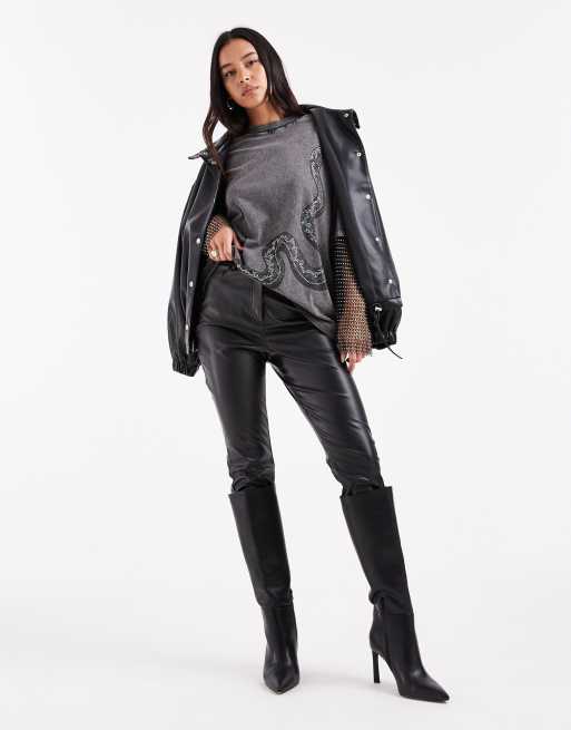 ASOS DESIGN oversized t-shirt with rhinestone sleeves and snake graphic in washed charcoal