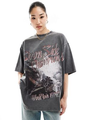 ASOS DESIGN oversized t-shirt with rock graphic in in washed charcoal