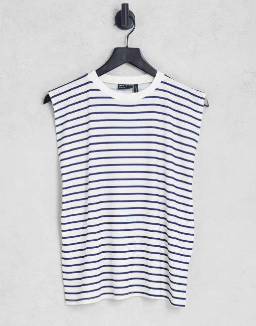 ASOS DESIGN oversized T-shirt with roll sleeve in ecru and navy stripe 