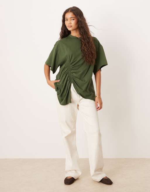 ASOS DESIGN oversized t-shirt with ruched drapey hem in khaki green