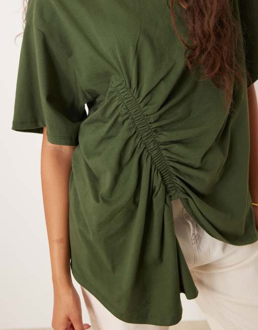 ASOS DESIGN oversized t-shirt with ruched drapey hem in khaki green