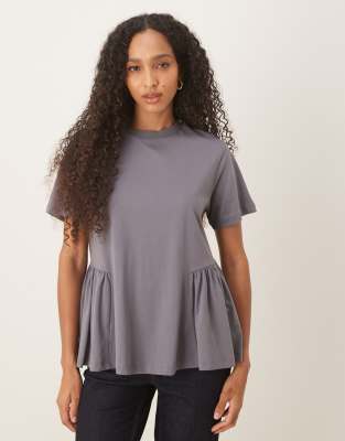 Asos Design Oversized T-shirt With Ruched Peplum Detail In Gray