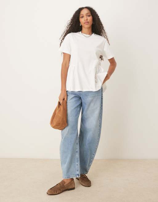 ASOS DESIGN oversized T-shirt with ruched peplum detail in cream, 2 of 4