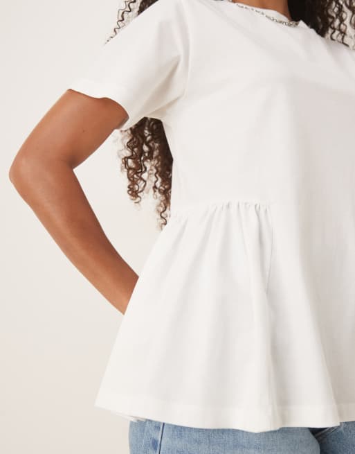 ASOS DESIGN oversized T-shirt with ruched peplum detail in cream, 4 of 4